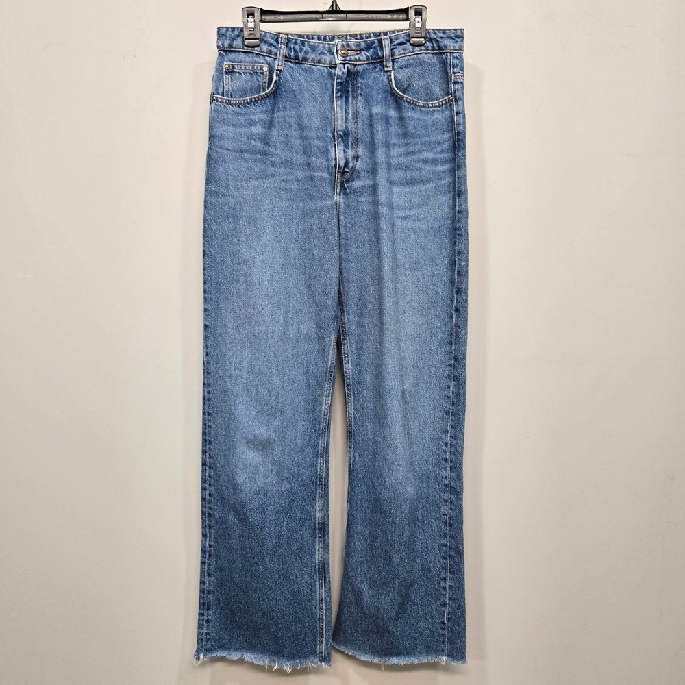 Zara Jeans Women 10 Blue High Rise Wide Leg Raw Hem Denim Minimalist Streetwear